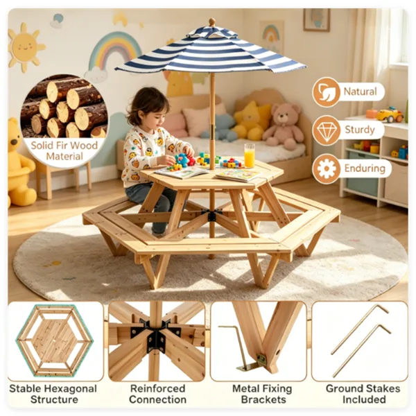 6-Seat Hexagonal Kids Picnic Table With Umbrella, Solid Fir Wood Outdoor Table & Bench Set For Backyard Garden, Age 3-8 view 3
