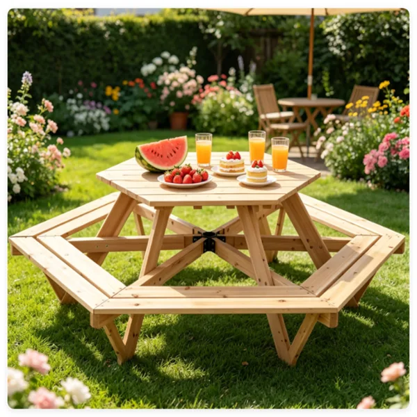 6-Seat Hexagonal Kids Picnic Table With Umbrella, Solid Fir Wood Outdoor Table & Bench Set For Backyard Garden, Age 3-8 view 4