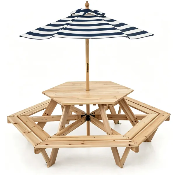 6-Seat Hexagonal Kids Picnic Table With Umbrella, Solid Fir Wood Outdoor Table & Bench Set For Backyard Garden, Age 3-8 view 2