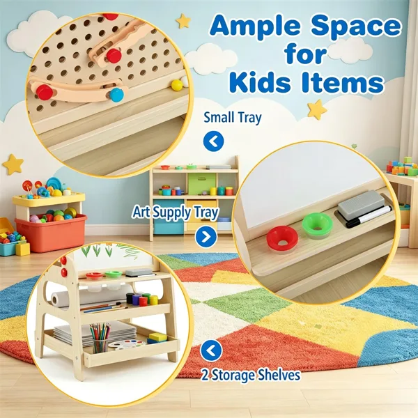 2-in-1 Wooden Kids Art Easel With Marble Run, Magnetic Whiteboard Standing Easel With Storage Shelves & Accessories For Kids 3- view 2