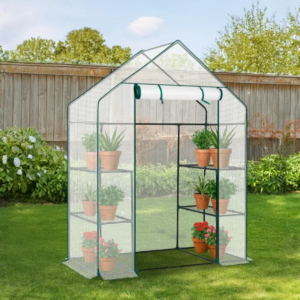 Mini Walk-in Greenhouse With PE Cover, 4-Shelf Indoor Outdoor Plant Gardening Green House For Garden Backyard, 56in X 29in X 77in, White