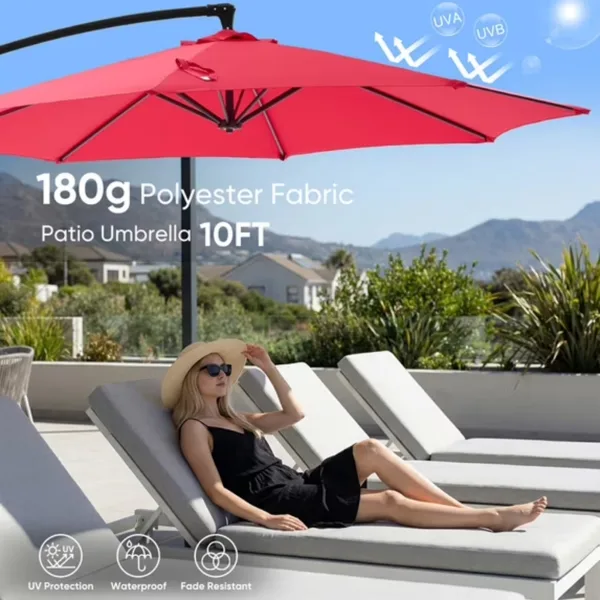 10ft Offset Hanging Outdoor Patio Umbrella With Base Stand Rotate And Tilt, 8 Ribs, UV Protection For Pool Garden Backyard Market, Red view 4
