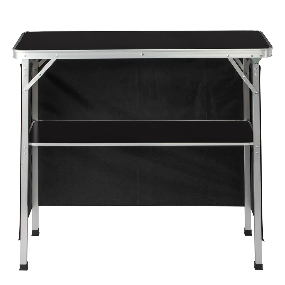 100-38-88cm Portable Folding Bar Table With Storage Shelf, Aluminum Frame Trade Show Counter With Black Skirt & Carry Bag view 2