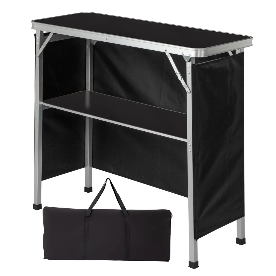 100-38-88cm Portable Folding Bar Table With Storage Shelf, Aluminum Frame Trade Show Counter With Black Skirt & Carry Bag