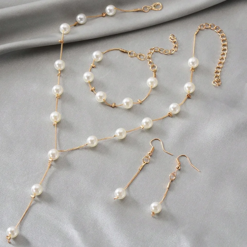 4-piece Imitation Pearl Earrings, Bracelets, Necklace Jewelry Set, Wedding, Party, Vacation Accessories, Mother's Day, Valentine's Day, Wedding Anniversary, Birthday Gifts, Halloween, Christmas Gifts view 2
