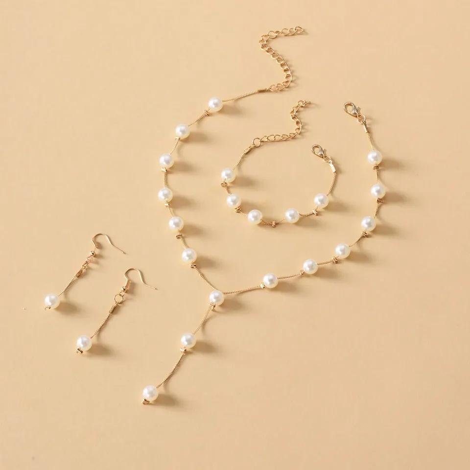 4-piece Imitation Pearl Earrings, Bracelets, Necklace Jewelry Set, Wedding, Party, Vacation Accessories, Mother's Day, Valentine's Day, Wedding Anniversary, Birthday Gifts, Halloween, Christmas Gifts