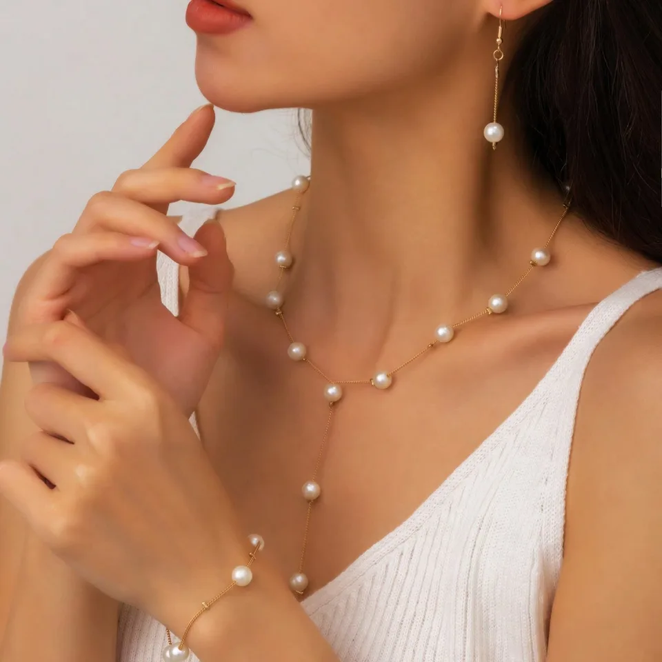 4-piece Imitation Pearl Earrings, Bracelets, Necklace Jewelry Set, Wedding, Party, Vacation Accessories, Mother's Day, Valentine's Day, Wedding Anniversary, Birthday Gifts, Halloween, Christmas Gifts view 3