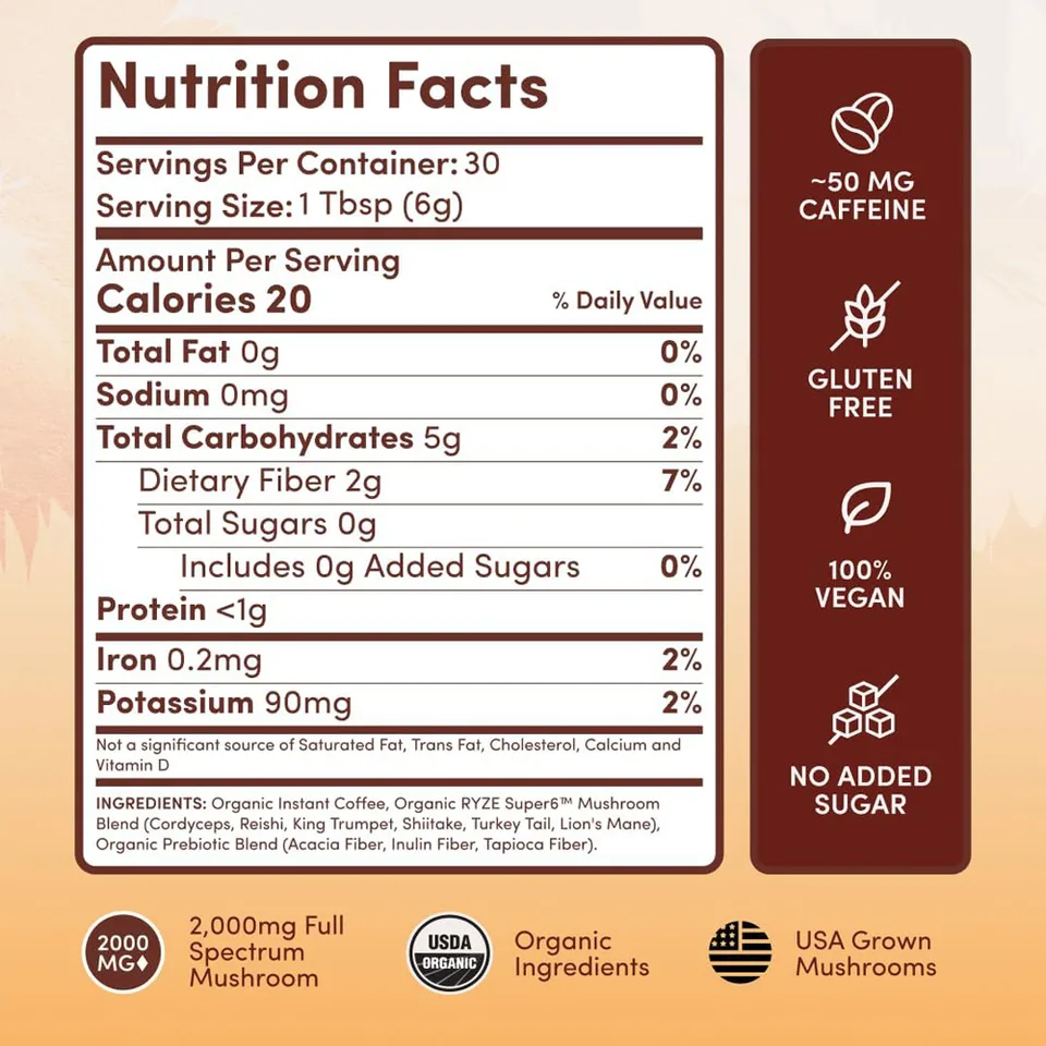Organic Mushroom Instant Coffee, 6 Adaptogenic Mushrooms Medium Roast, 30 Servings view 4