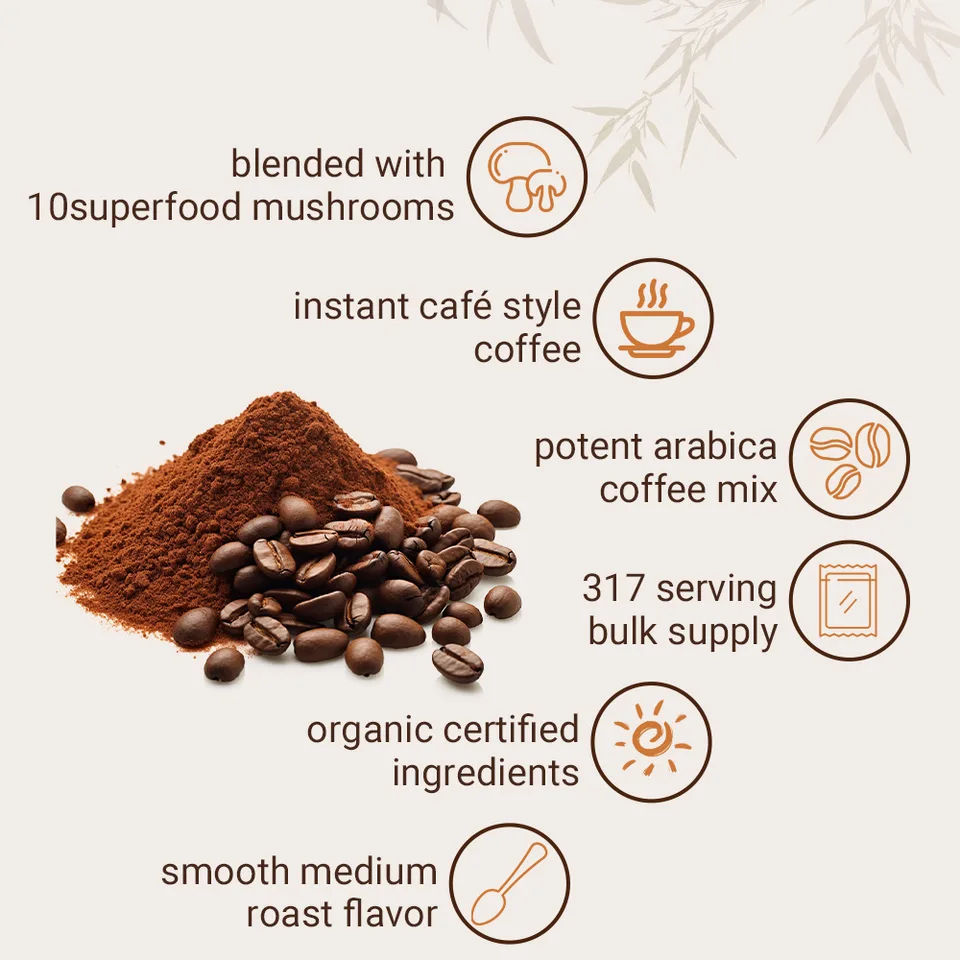 10in1 Mushroom Coffee Powder, Premium Arabica Instant Coffee Blend With Mane, Reishi, Chaga  8 Functional Mushrooms, Low Caffeine, Non GMO, FillerFree,1 LB view 3