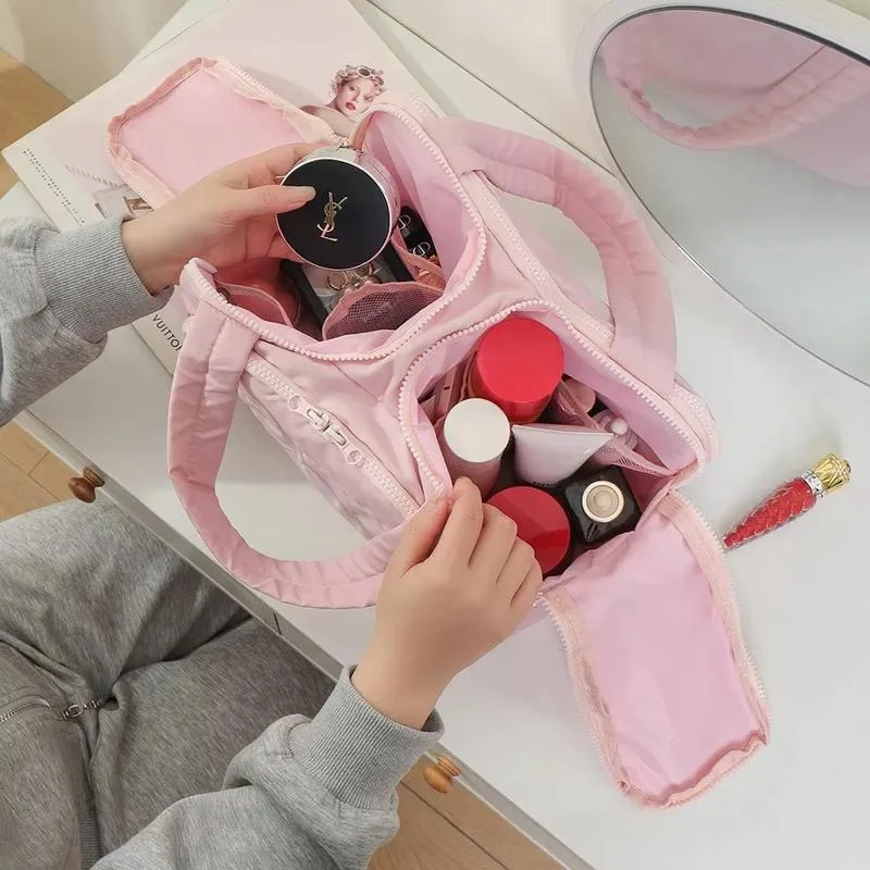Women's Large-Capacity, Lightweight, Soft-Touch Marshmallow-Style Stand-Up Travel Cosmetic & Toiletry Bag With 4 Compartments And Zipper Closure view 3