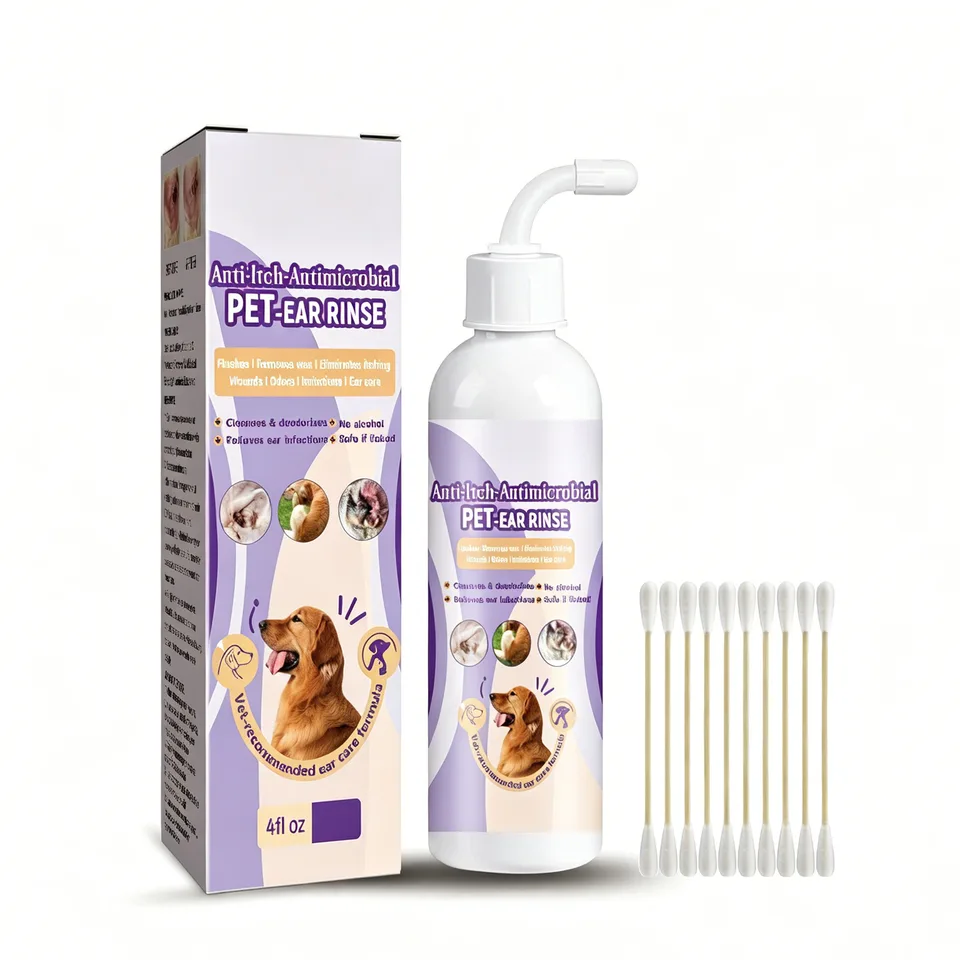 118ml Pet Ear Rinse Cleaner With Glycerin & Disodium EDTA, Anti-Itch Antimicrobial Ear Wash For Dogs Cats, Alcohol-Free Gentle Ear Cleanser