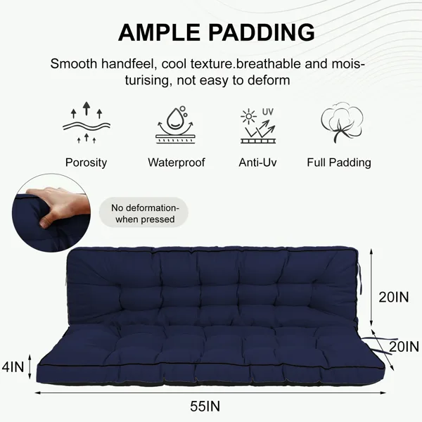 Outdoor Swing Cushions 55 Inch,Waterproof 4in Thick Porch Swing Cushion Replacement With Backrest And Ties,Comfortable 2-3 Seat Pation Swing view 4