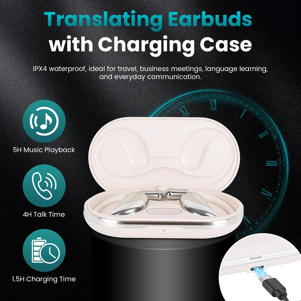 Open-Ear AI Translation Earbuds 165-Language Real-Time AI Headphone Wireless 5.4 Translating Earbuds With Charging Case For Travel Meetings view 7