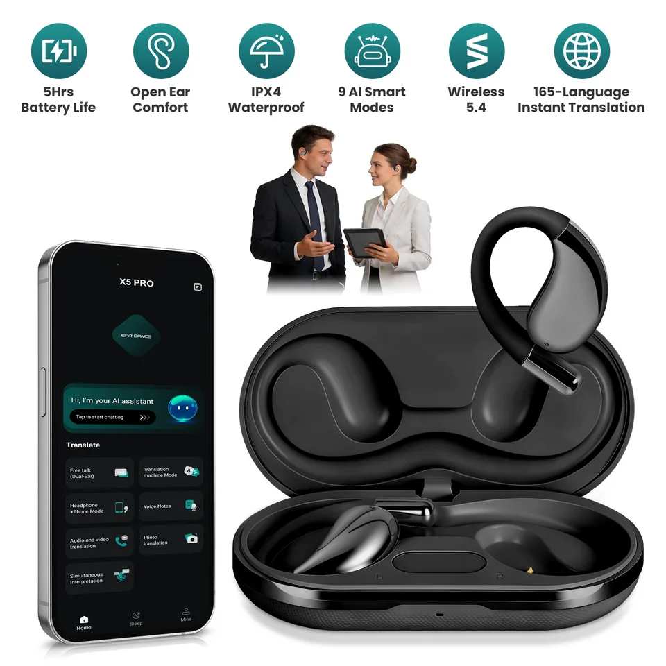 Open-Ear AI Translation Earbuds 165-Language Real-Time AI Headphone Wireless 5.4 Translating Earbuds With Charging Case For Travel Meetings view 1