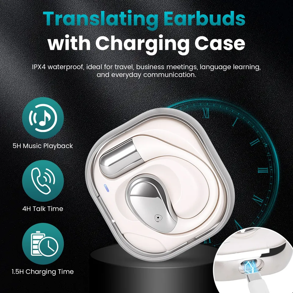 Open-Ear AI Translation Earbuds 165 Language Real Time AI Headphone Wireless 6.0 Translating Earbuds With 360 Degree Rotating Charging Case view 10