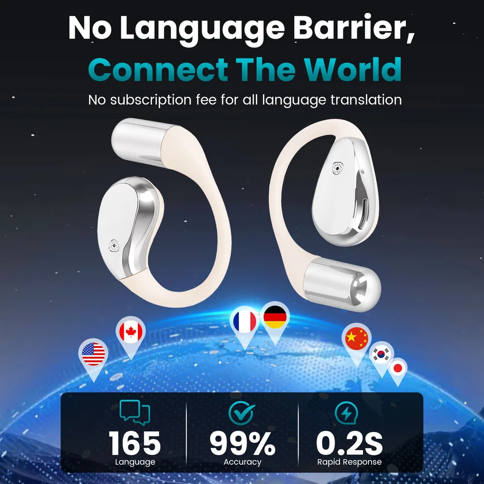 Open-Ear AI Translation Earbuds 165 Language Real Time AI Headphone Wireless 6.0 Translating Earbuds With 360 Degree Rotating Charging Case view 9