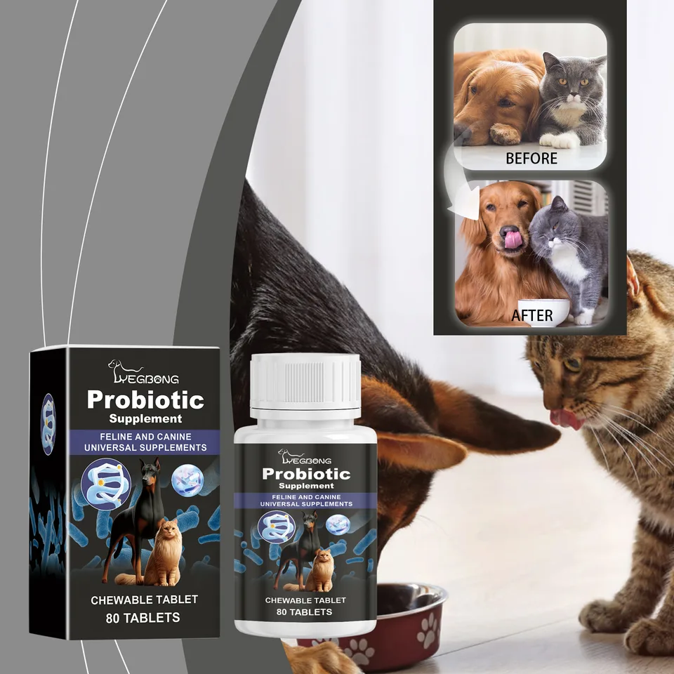 Pet Probiotic Chewable Tablets For Dogs & Cats Digestive Health Support, Immune Booster With Vitamin B2 & Yeast Selenium, 80 Tablets view 2
