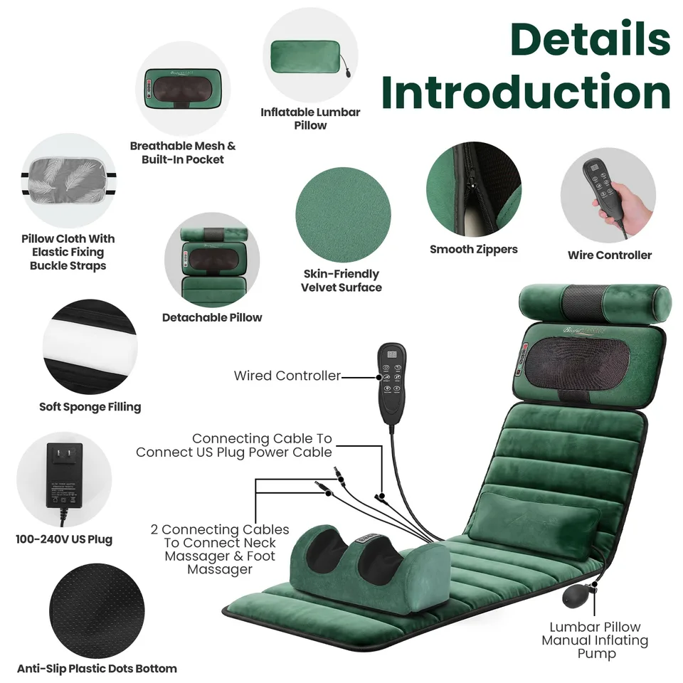 Full Body Electric Massage Mat Heating Vibration Massage Pad Cushion Back Massage Mattress Chair Pad With Neck Foot Massage Head Pillow And view 3