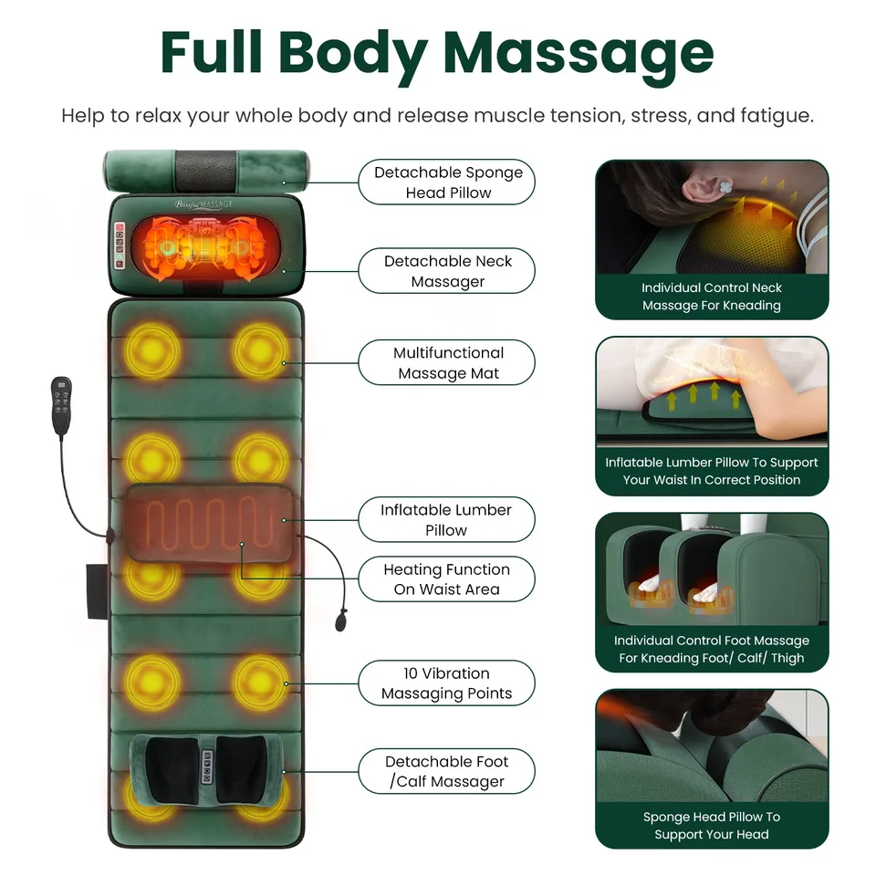 Full Body Electric Massage Mat Heating Vibration Massage Pad Cushion Back Massage Mattress Chair Pad With Neck Foot Massage Head Pillow And view 2