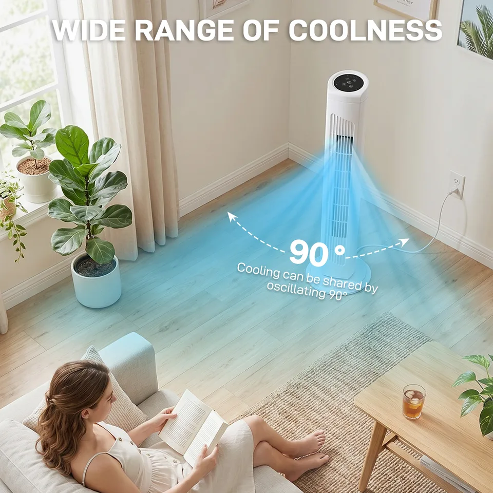 32 Inch Tower Fan With Remote & Touch Control, 110V 45W Quiet Oscillating Column Fan, Copper Motor, 3 Speeds 3 Modes, 7.5H Timer, Slim White Standing Fan For Bedroom Living Room Home Use view 3