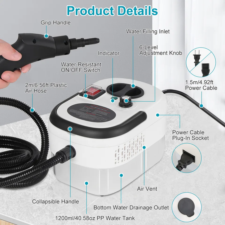 2500W Handheld Steamer Cleaner Multifunctional Little Steamer Powerful High Temp Steam Clean Machine With Gloves For Cleaning Car Detailing Couch Floor Tile Microwave Mattress Bed Bugs Windows view 3