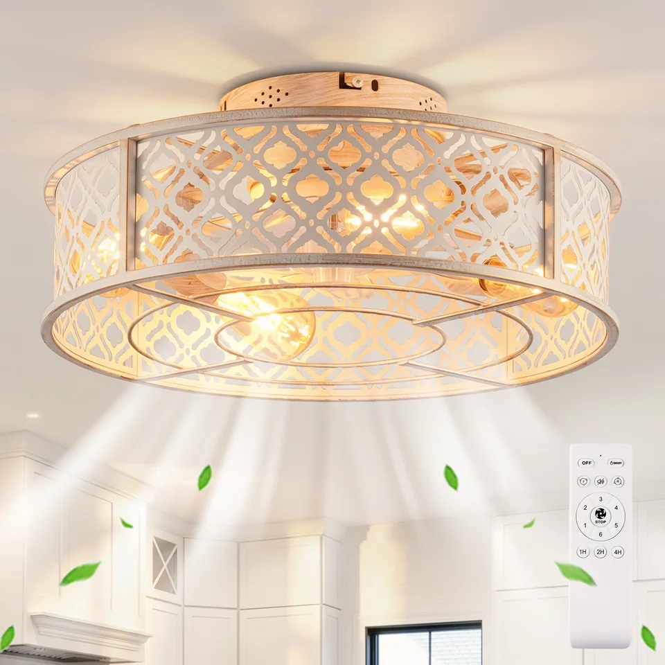 20 Flower Style Iron Ceiling Fans With Remote Control,Flush Mount Caged Ceiling Fan For Bedroom, Living Room--NOT Included Bulbs-Retro White view 3