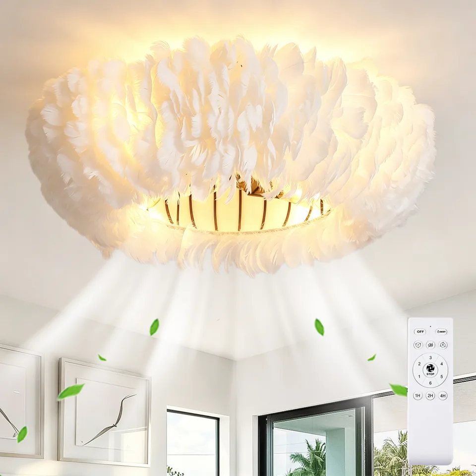 20 Feather-Dressed Caged Ceiling Fans With Remote, Flush Mount Ceiling Fan With Light, Chandelier Fan 6 Speed DC Motor Reversible Ceiling view 3