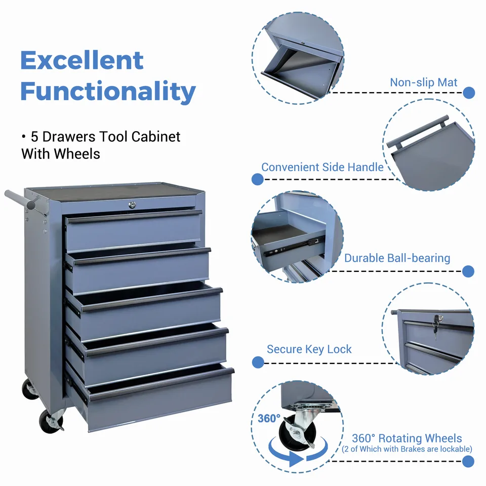 Rolling Metal Tool Chest With 5 Drawers, 20inch 5-Drawer Tool Chest Cabinet With Ball Bearing Drawer Slides, Steel Tool Storage Box view 4