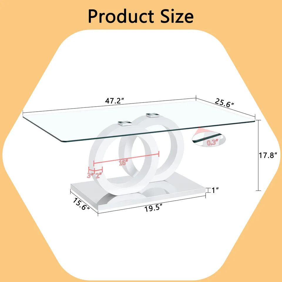 Contemporary Style Glass-Top MDF Coffee Table With White Base - Suitable For Living Rooms And Lounge Areas, Product Dimensions Are view 2