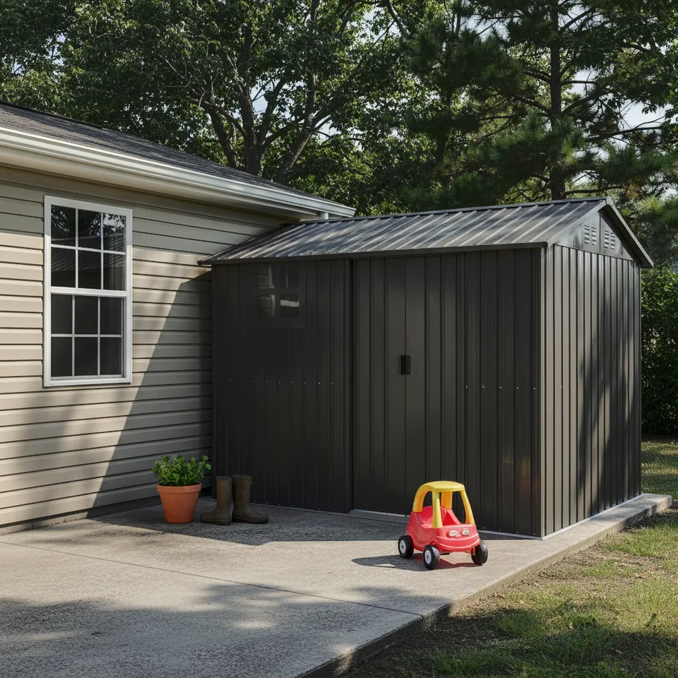 8x6FT Galvanized Steel Outdoor Storage Shed With Sliding Door, Heavy Duty Metal Tool Shed With Window & Vents, Weatherproof Utility Shed For Patio Lawn,Black