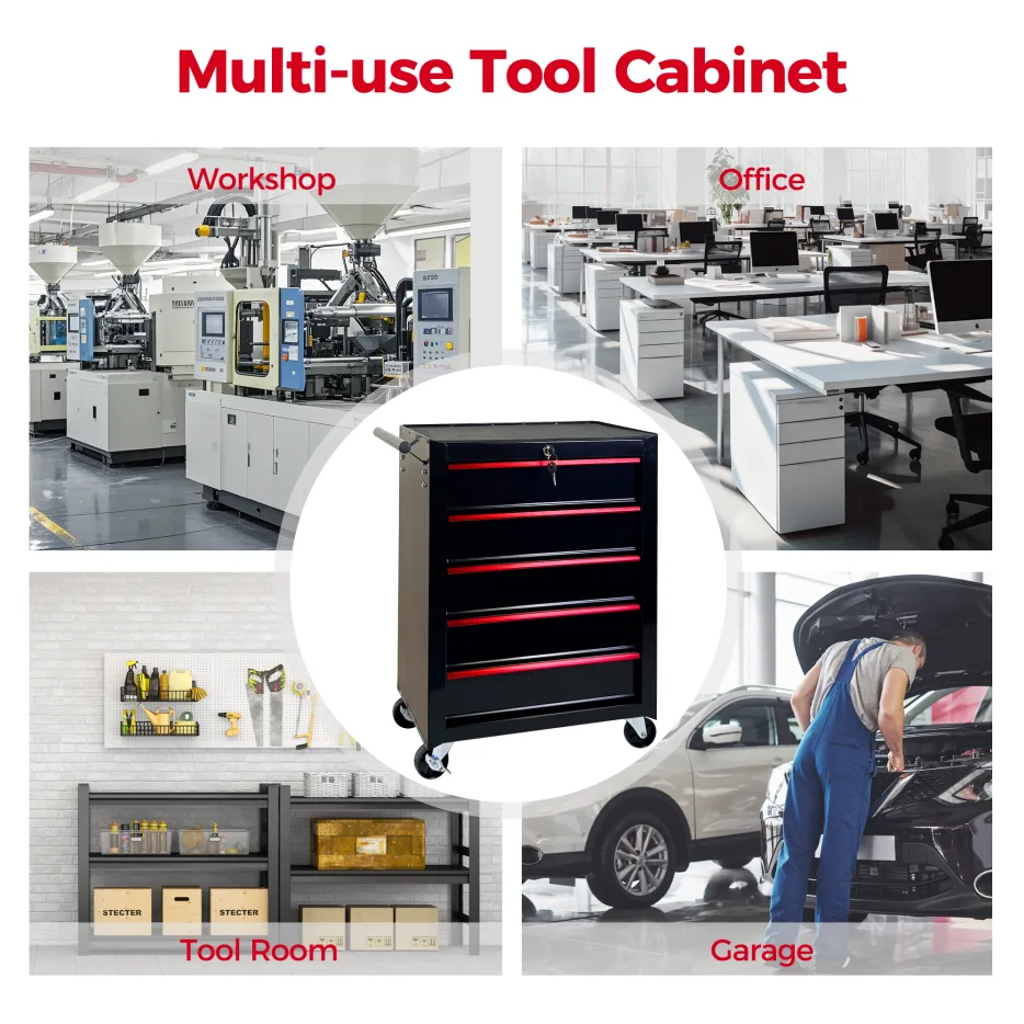 Rolling Metal Tool Chest With 5 Drawers, 20inch 5-Drawer Tool Chest Cabinet With Ball Bearing Drawer Slides, Steel Tool Storage Box view 3