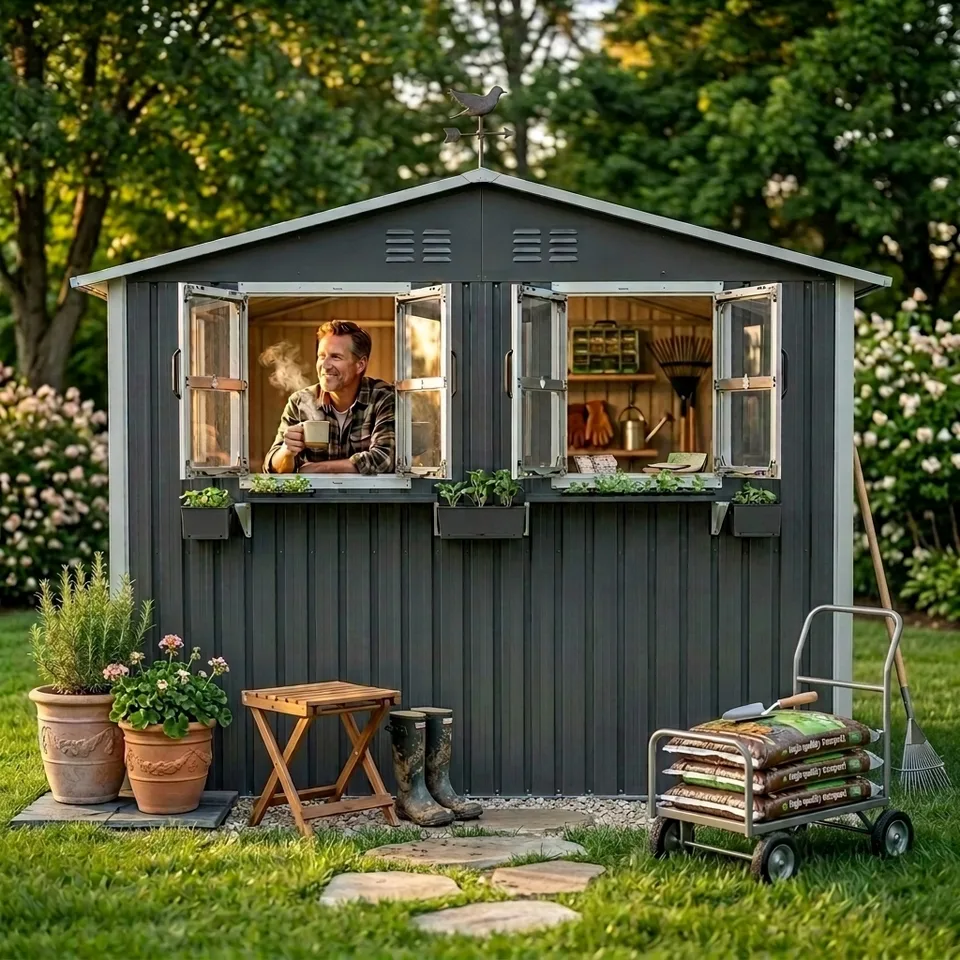 9x6 FT Outdoor Metal Storage Shed With Window & Flower Rack, Lockable Double Doors Tool Shed, Waterproof Weatherproof Garden Shed For  Patio,  Coal Gray