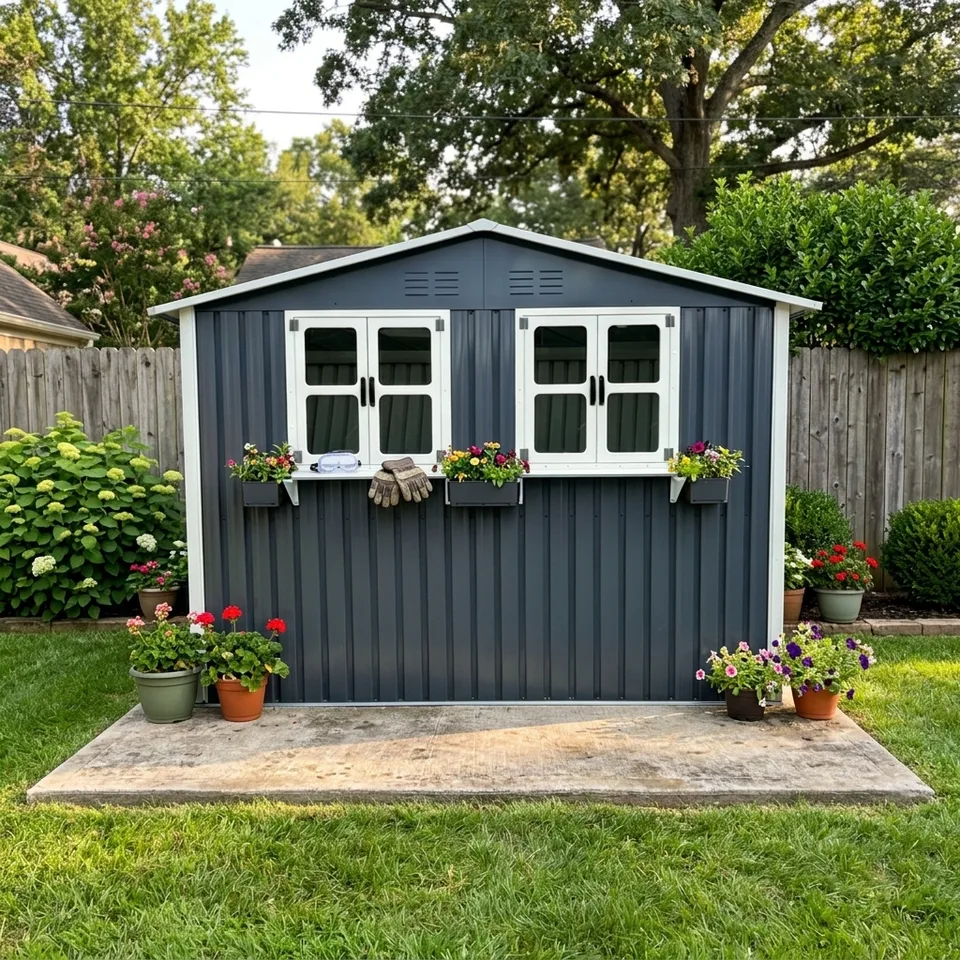 9x6 FT Outdoor Metal Storage Shed With Window & Flower Rack, Lockable Double Doors Tool Shed, Waterproof Weatherproof Garden Shed For Patio view 4