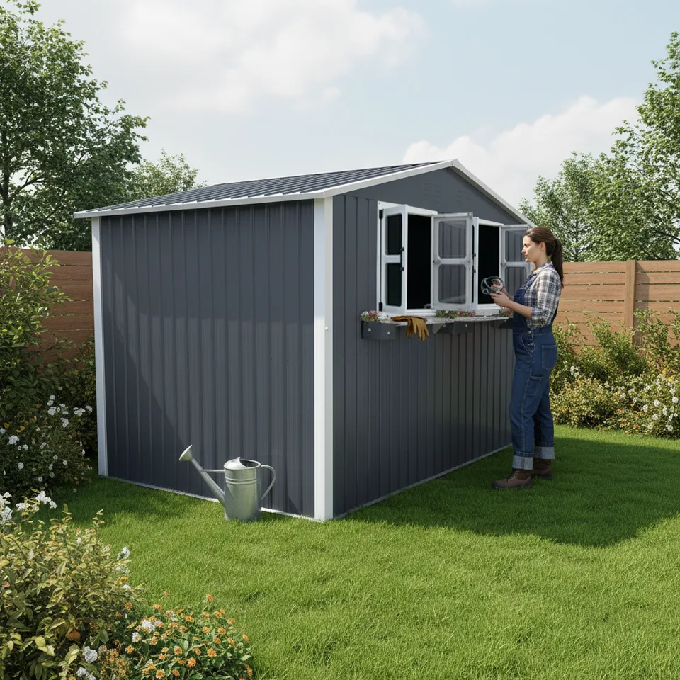9x6 FT Outdoor Metal Storage Shed With Window & Flower Rack, Lockable Double Doors Tool Shed, Waterproof Weatherproof Garden Shed For Patio view 2