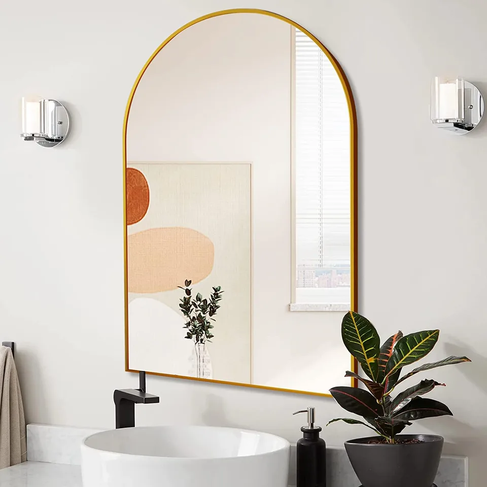 24x36 Inch Gold Metal Framed Arched Bathrrom Mirror For Wall. W2203134100 view 2