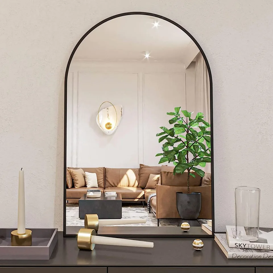 20x30 Inch Black Metal Framed Arched Bathrrom Mirror For Wall. view 3