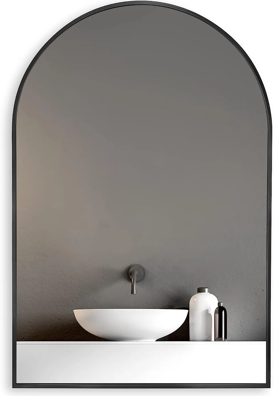 20x30 Inch Black Metal Framed Arched Bathrrom Mirror For Wall.