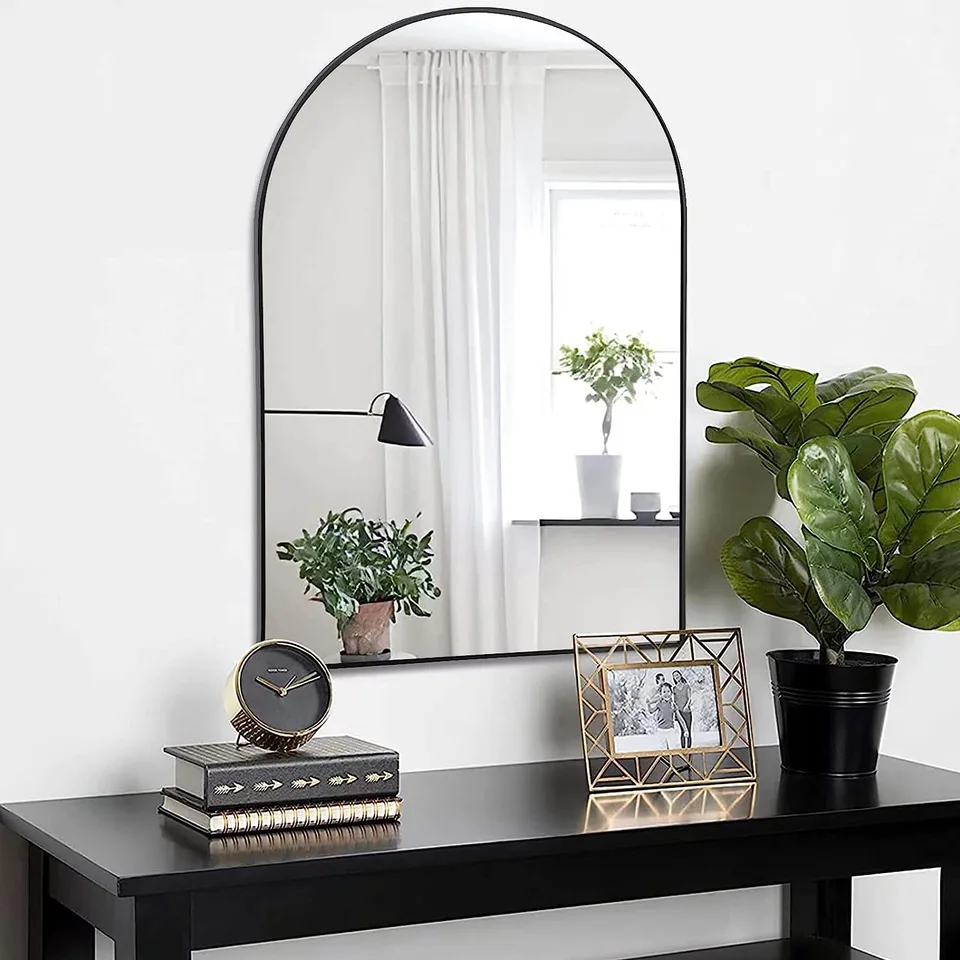 20x30 Inch Black Metal Framed Arched Bathrrom Mirror For Wall. view 2