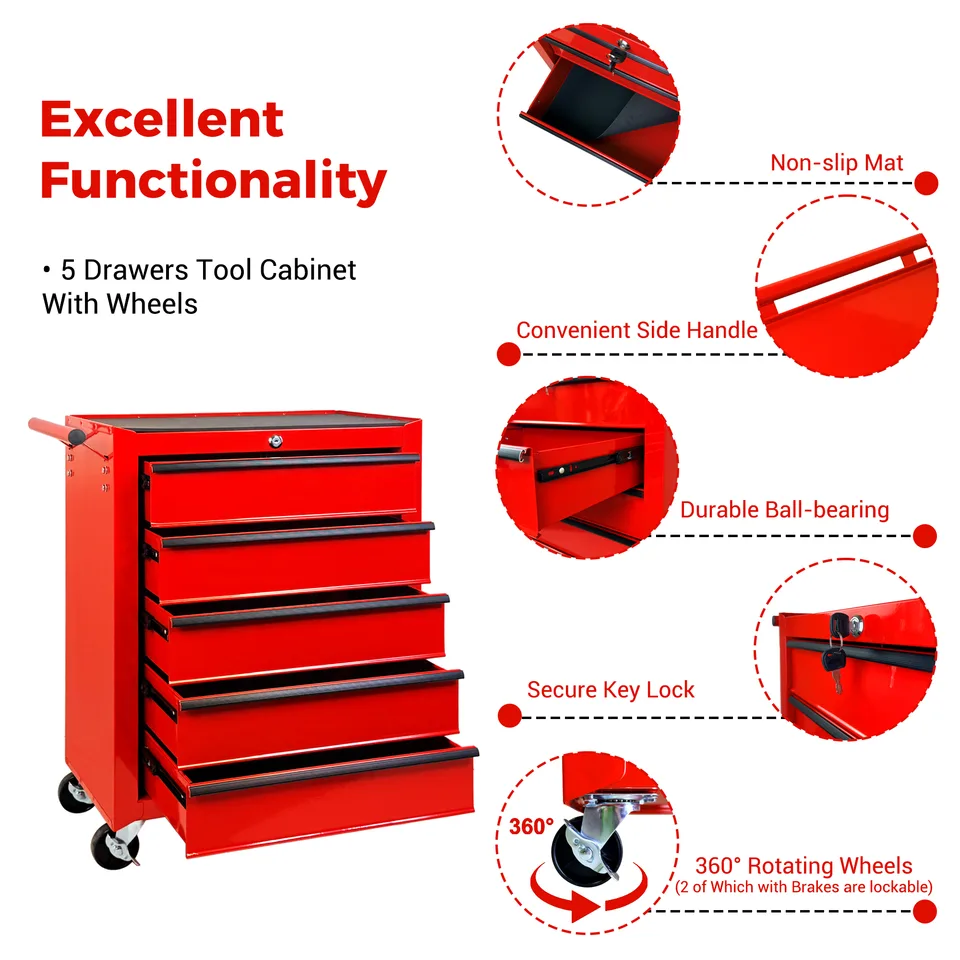 Rolling Metal Tool Chest With 5 Drawers, 20inch 5-Drawer Tool Chest Cabinet With Ball Bearing Drawer Slides, Steel Tool Storage Box view 2