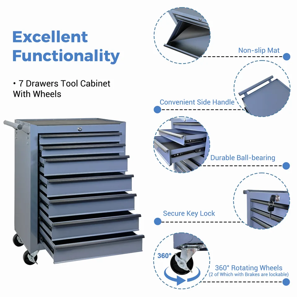 Rolling Metal Tool Chest With 7 Drawers, 20inch 7-Drawer Tool Chest Cabinet With Ball Bearing Drawer Slides, Steel Tool Storage Box view 3