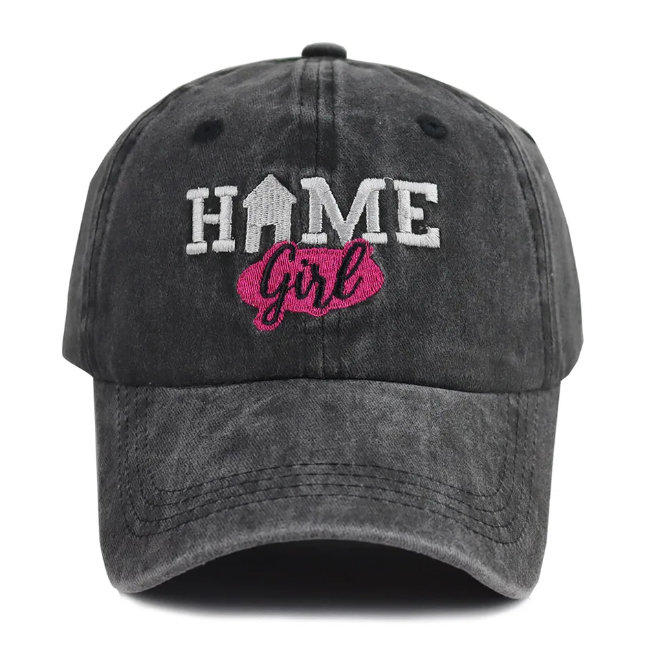 Vintage Washed Black Baseball Cap For Women, HOME Girl Embroidered Distressed Hat, Adjustable Soft Cotton Casual Trucker Hat view 2