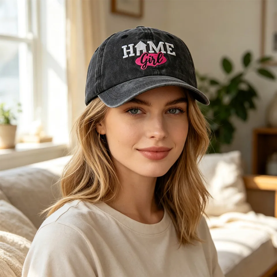 Vintage Washed Black Baseball Cap For Women, HOME Girl Embroidered Distressed Hat, Adjustable Soft Cotton Casual Trucker Hat