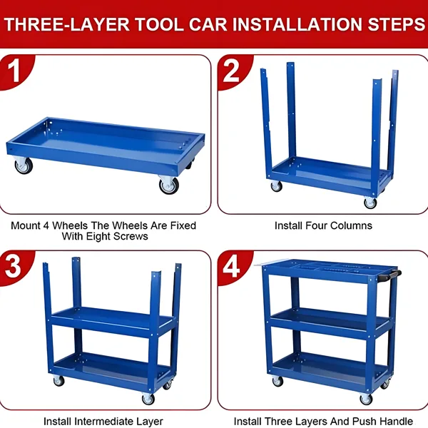 Upgrade 3-Tier Rolling Tool Cart With Lockable Wheels, Heavy Duty Steel Utility Cart, Kitchen Cart Organizer, Workshop Rolling Serving Cart view 4