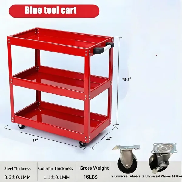 Upgrade 3-Tier Rolling Tool Cart With Lockable Wheels, Heavy Duty Steel Utility Cart, Kitchen Cart Organizer, Workshop Rolling Serving Cart view 3