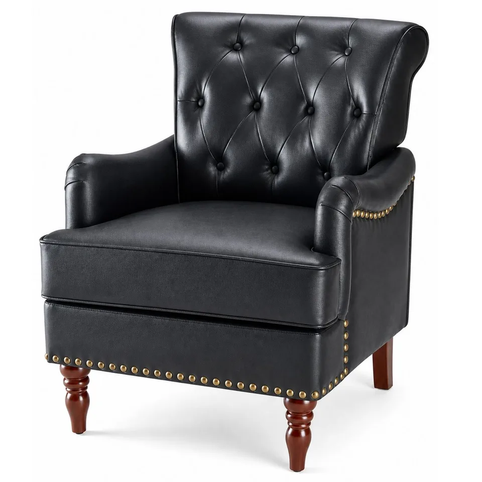 Nailhead Trim Faux Leather Accent Chair, Tufted Armchair For Bedroom And Study