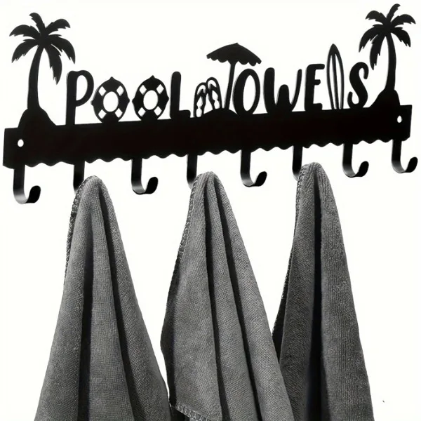 CIFbuy1 PC A Very Practical Modern Pool Towel Rack Made Of Handmade Iron With 8 Hooks For Storage, Rust Proof Wall Mounted Spa Beach Decoration, Black Coati