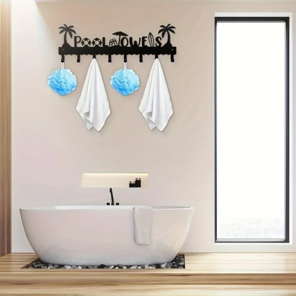 CIFbuy1 PC A Very Practical Modern Pool Towel Rack Made Of Handmade Iron With 8 Hooks For Storage, Rust Proof Wall Mounted Spa Beach Decoration, Black Coati view 3