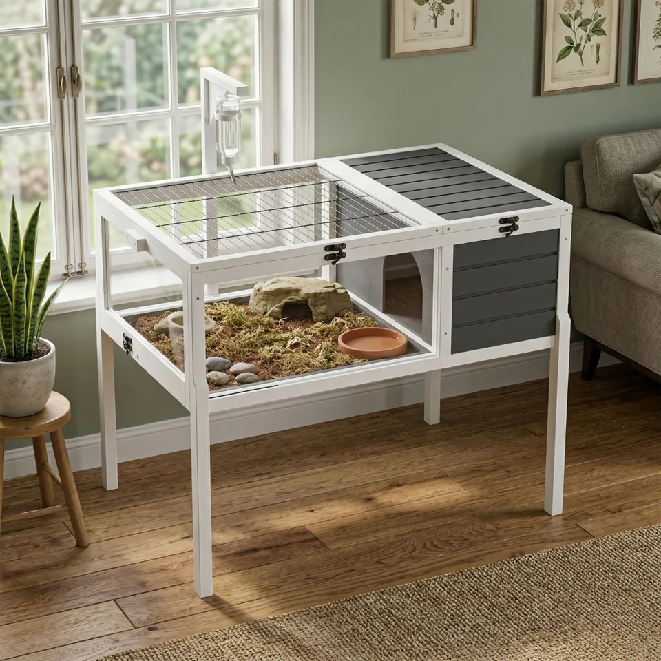 Reptile Habitat Tortoise House With Lamp Holder, Large Observation Window, 2 Waterproof Tray, Detachable Legs, Easy To Clean Wooden view 2