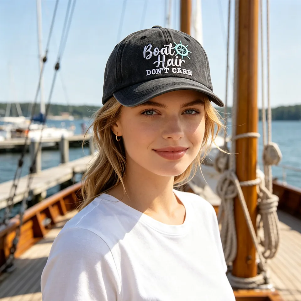 Boat Hair Don't Care Embroidered Baseball Cap, Vintage Washed Distressed Cotton Hat With Ship Wheel Embroidery For Women Boating Fishing Beach