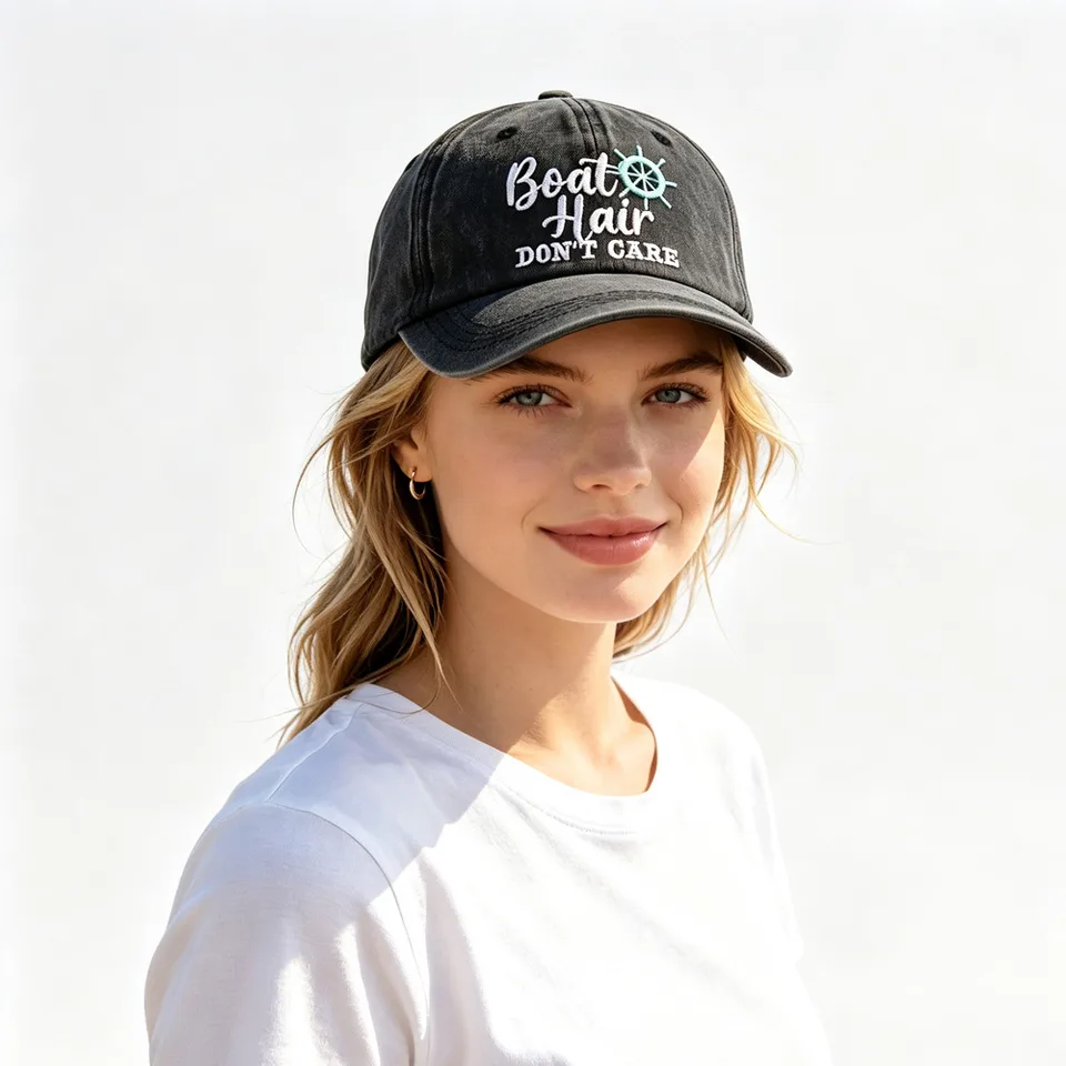 Boat Hair Don't Care Embroidered Baseball Cap, Vintage Washed Distressed Cotton Hat With Ship Wheel Embroidery For Women Boating Fishing view 2
